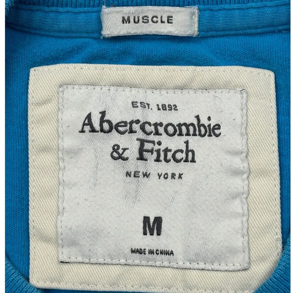 Abercrombie Fitch Muscle Shirt Mens Medium Blue Chenille Applique Logo Moose Tee